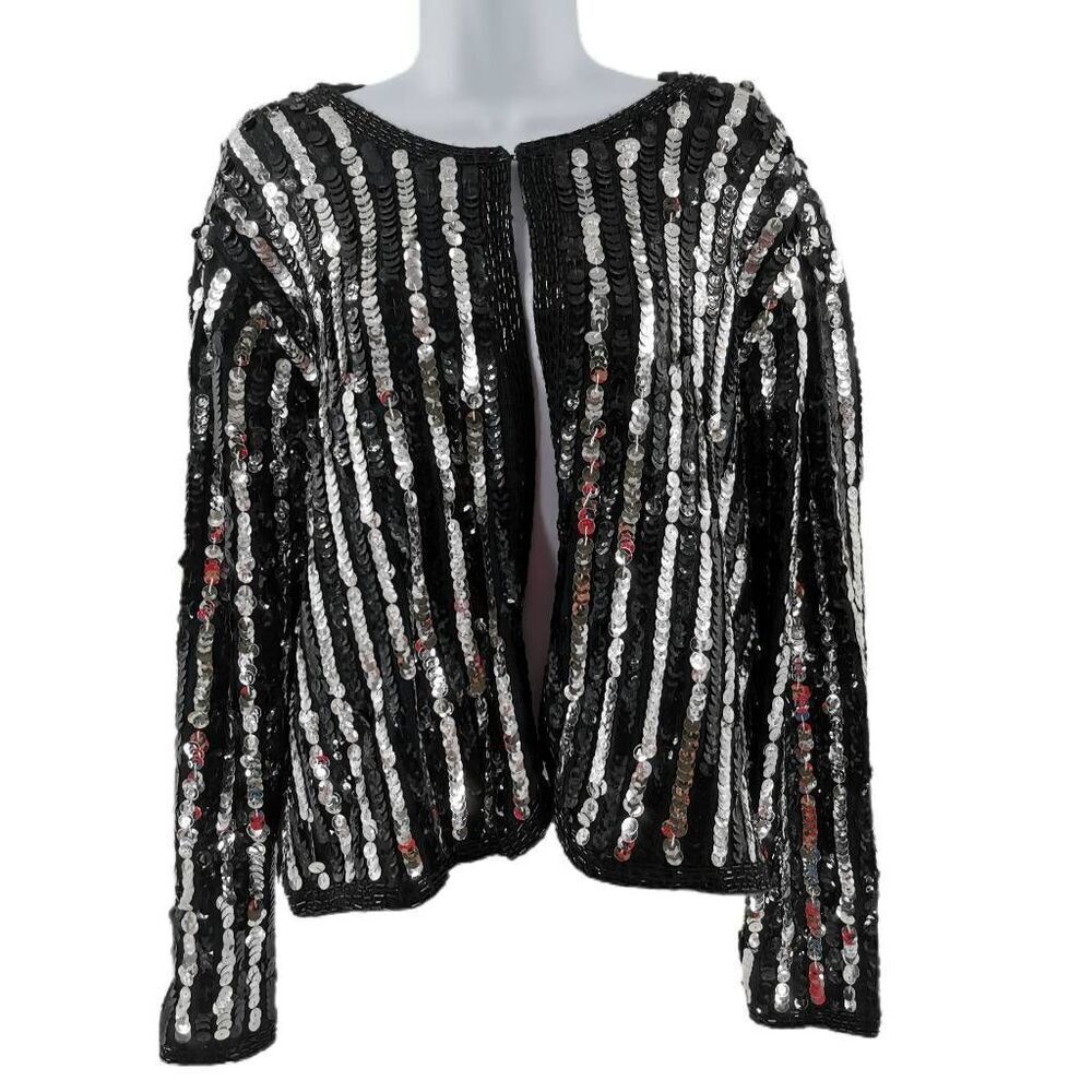 Vintage Striped Wool Cardigan with Hand Embellished in Black & Silver Beads/Sequ